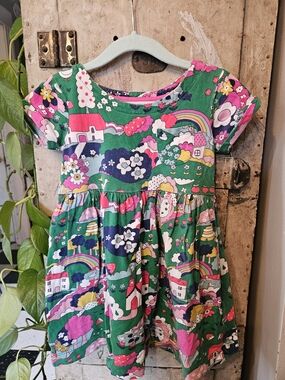 Mini Boden Green Floral Rainbow Print Dress with Pink Accents